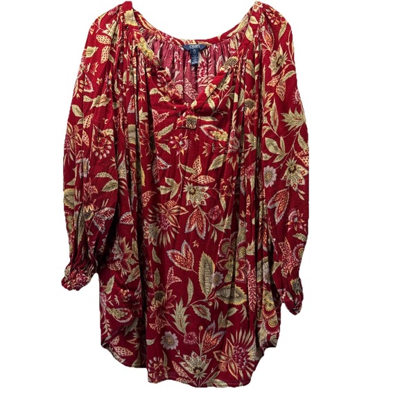 Chaps Tops - Chaps Women's Top Size 2X Plus Red Gold Floral Long‎ Sleeve Peasant V Neck Full